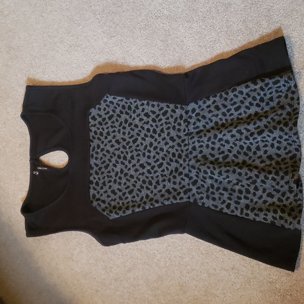 Mayrices:small black peplum top with leopard detail.